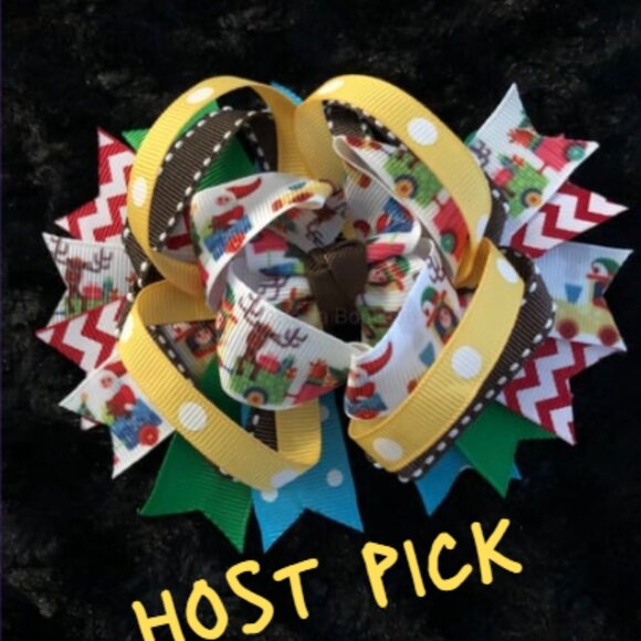 ❤️HOST PICK❤️  Brown & Yellow Holiday Train Boutique Deluxe Bow  HANDCRAFTED - Picture 1 of 3